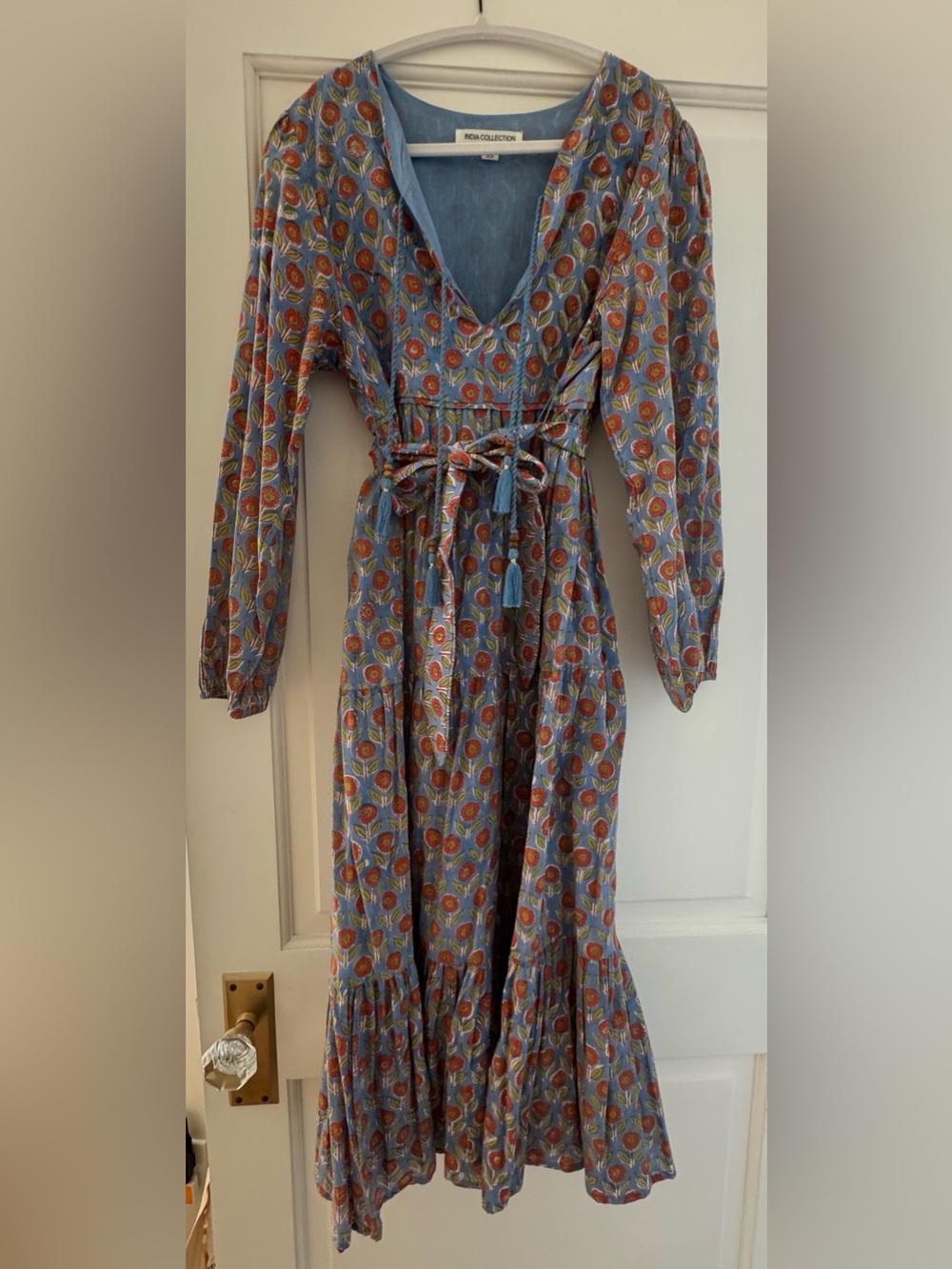 Emerson Fry Blue Floral Block Print Long Sleeve MIDI Dress